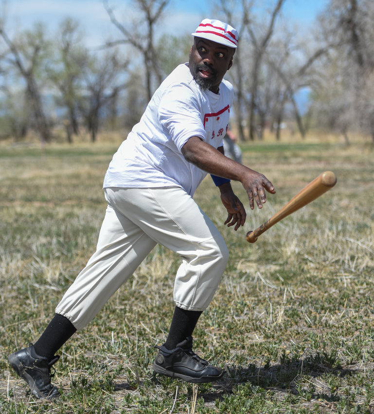 P.J. "Midnight" Curtis, of Colorado Springs and the Denver & Rio Grande Railroad club, looks for a ruling by the "arbiter" (umpire) on whether his struck ball is fair or foul, during a Colorado Vintage Base Ball Association game at South Platte Historical Park May 7.